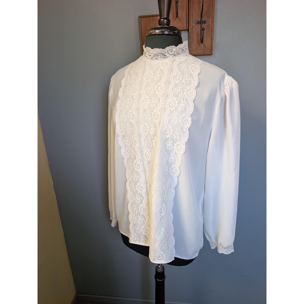 Vintage 80s Lace Blouse, Cream Victorian Revival Blouse Top Size L